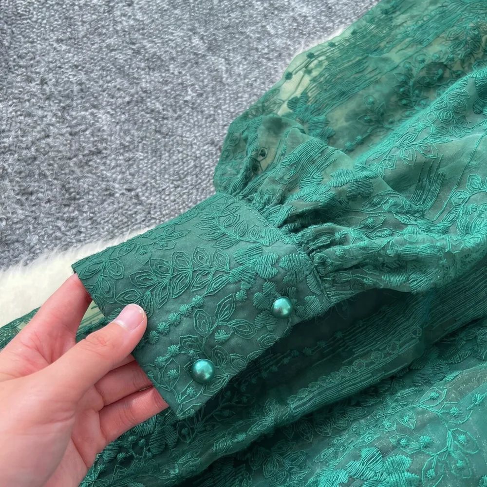 Elegant Embroidery Long Dress Women Spring Retro Lantern Sleeve V Neck Slim Fit Button Up Casual Party Office Outfits