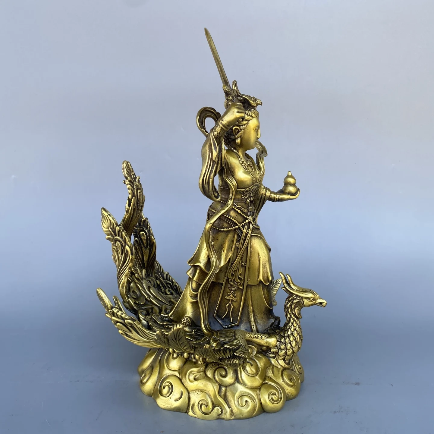 

9"Tibetan Temple Collection Old Brass Nine Heavenly Mysterious Maidens Immortal Buddha Heaven Phoenix Statue Worship Hall