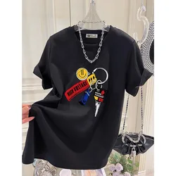 Women Clothing Chic Key Print Pure Cotton Basic T-shirt Summer Casual Loose O-neck Short Sleeve Tops Oversized Pullover 45-105Kg