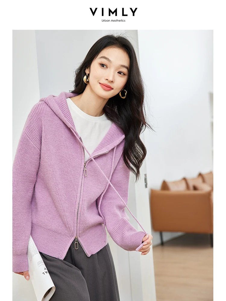 VIMLY Autumn New Women's Simple Hooded Knitted Cardigan Sweater Zipper Jacket Solid Overcoat Lazy Women's Commuter Cardigan Coat