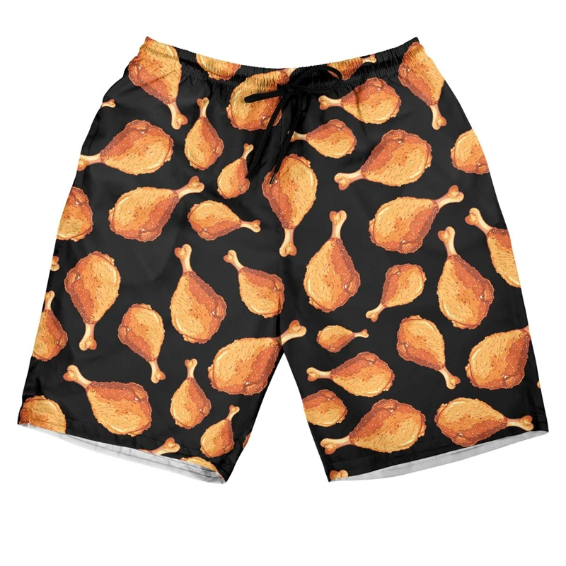 Pantalones cortos de playa con gráfico de comida rápida para hombre, pantalones cortos hawaianos de verano para fiesta de vacaciones, hamburguesa, carne, cerveza, salchicha, patatas fritas