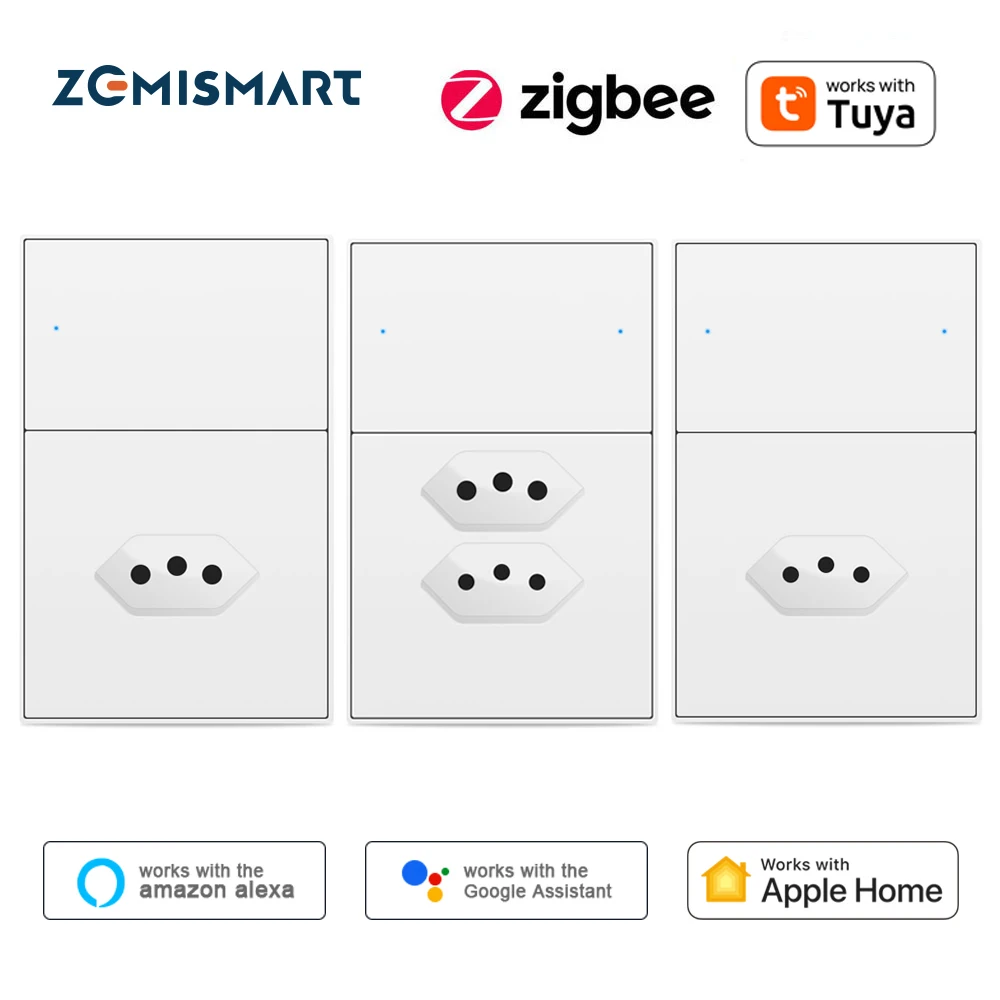 

Zemismart Zigbee Smart Brazil Розетка 10A 20A с выключателем света 20A Розетки Работа с приложением Tuya Home Alexa Google Home