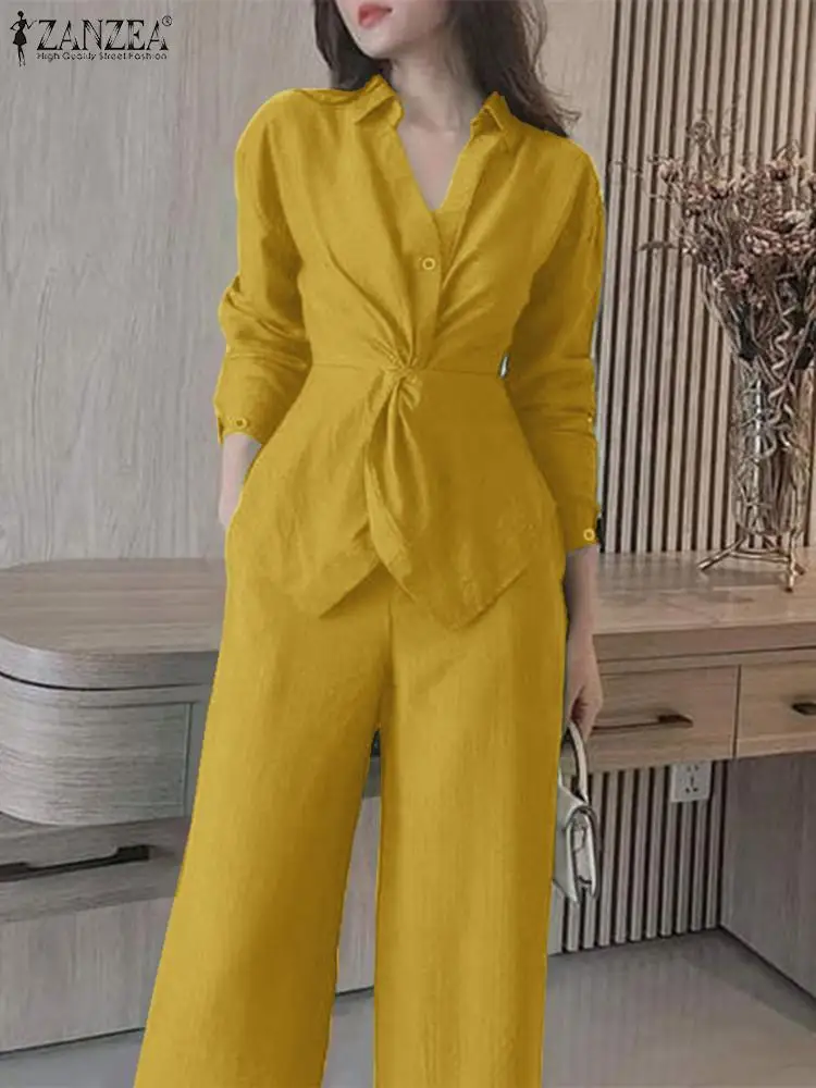 2PCS Stylowe damskie bluzki z długim rękawem i klapami OL Pant Suits ZANZEA Elegant Office Work Matching Sets Wide Leg Trousers Suits