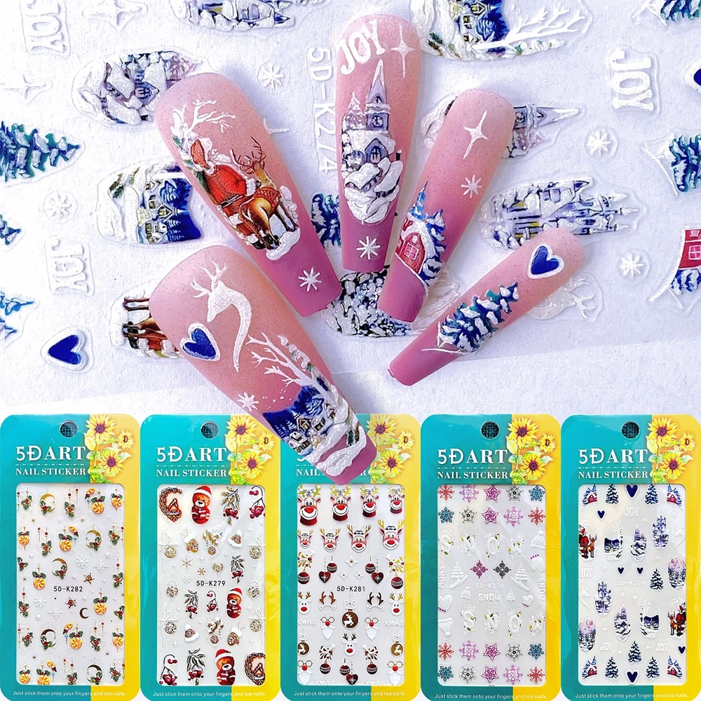 

5D Embossed Christmas Nail Art Stickers Santa Claus Tree Penguins Snowman Sliders Decals For New Year Nails Decoration Supplies