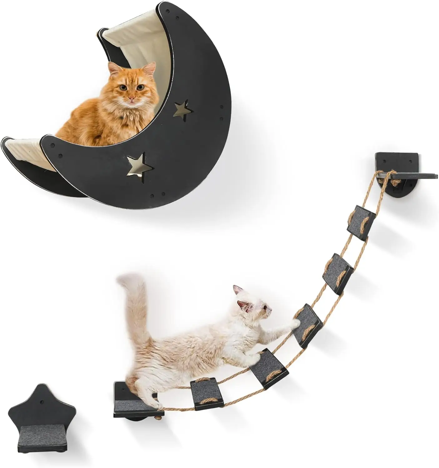 Cat Wall Shelves, Modern Cat Wall Furniture with 1 Step and 1 Climbing Bridge Step, Cat Climbing Shelf and Perches for Wall