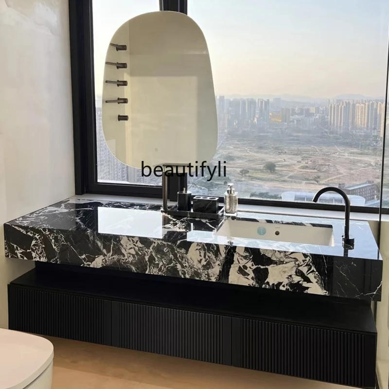 

Hotel style bathroom cabinet, rock slab seamless integrated basin washstand light luxury high-end bathroom oak paint