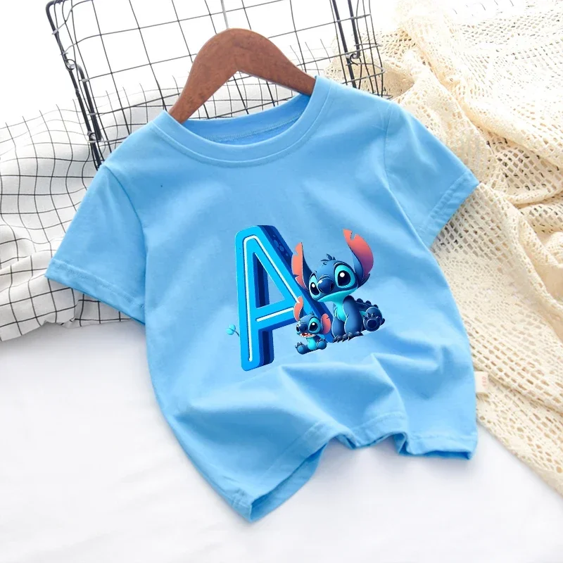 Lilo & Stitch T-shirt in cotone per bambini Disney Cartoon Boy Lettera AZ Vestiti Ragazza T-shirt Camicia Vestiti Anime Kawaii Top Abbigliamento per bambini
