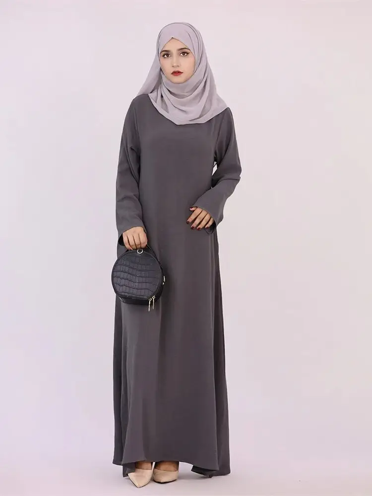 Black White Pink Solid Dubai Modest Under Dress Abaya Islam Muslim Kaftan With Pockets Dresses For Women Robe Femme Musulmane