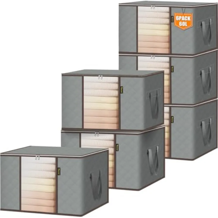 

6 Pack Clothes Storage Bags, 16 Gallon Storage Containers with Reinforced Handle, Sturdy Zipper, Closet Organizer for Blanket,