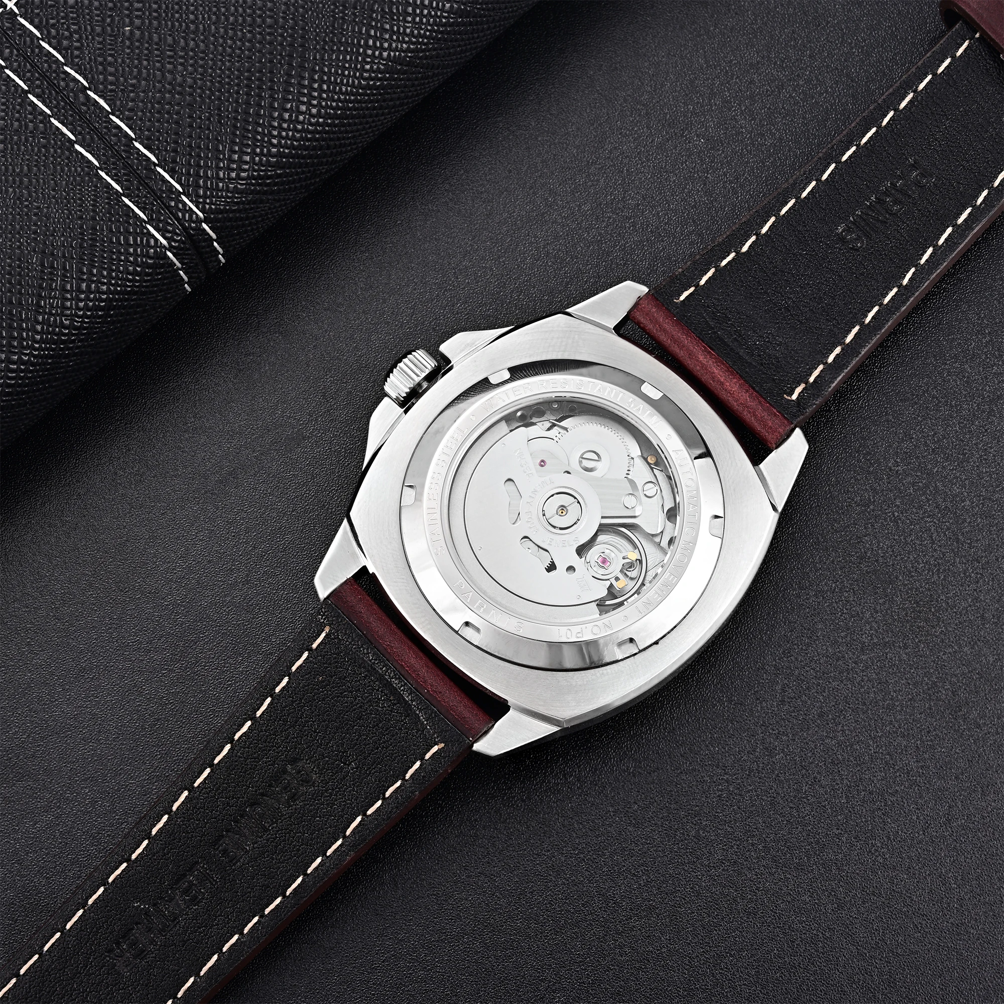 2025 nueva llegada Parnis 41mm caja plateada reloj mecánico automático para hombres correa de cuero NH35 relojes para hombres reloj para hombre regalo