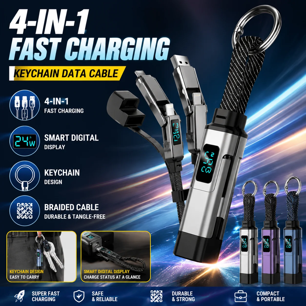 Multi 4in1 Fast Charging Keychain Cable LED Display Braided Anti-break Short Charging Wire Emergency Travel Data Transfer Cord