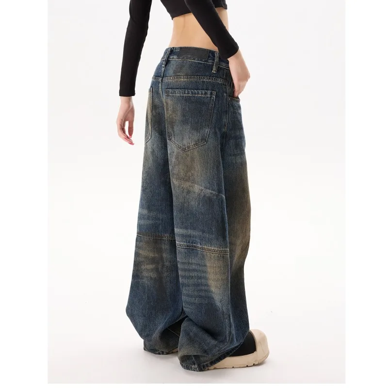 High Street Men's Denim Pants Washing Dirty-dying Contrast Color Wide Leg Worn-out Curved Hem Jeans Loose Drape Male Jeans