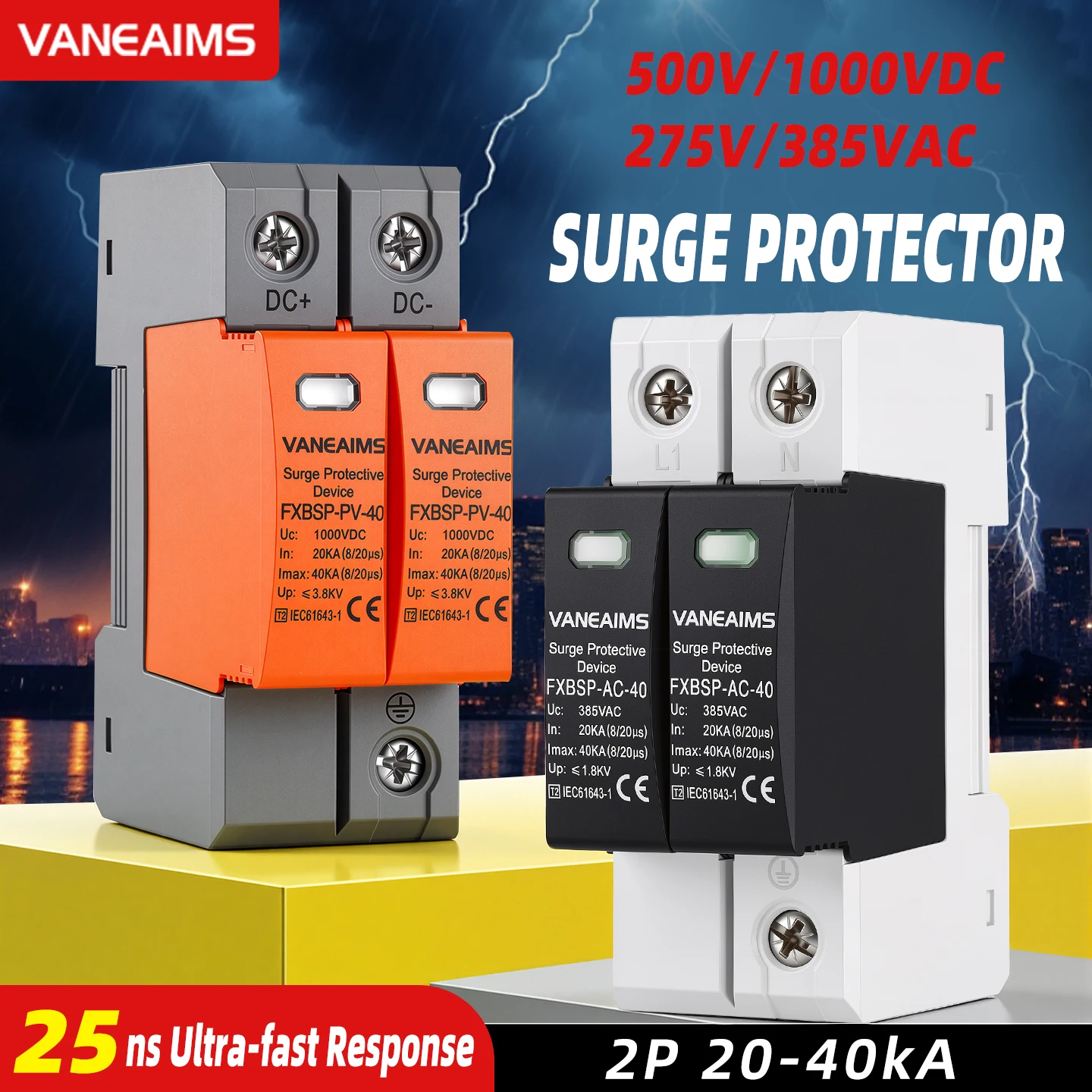 2P DC SPD 500V/1000V House Lightning Surge Protector Protective Low Voltage Arrester Device AC 275V/385V/420V 20KA 40KA