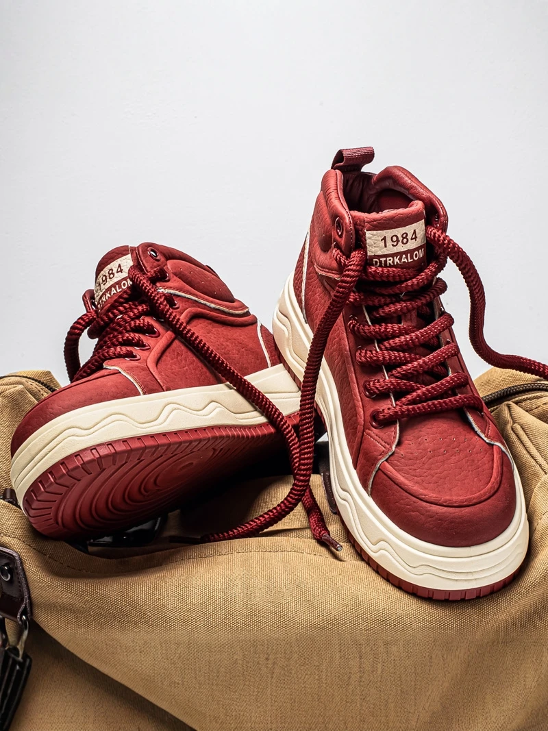

High Top Sports Shoes for Men Casual Winter Thick Bottom Leather Upper Lace up round Toe Rubber Sole Wear Resistant Red Color