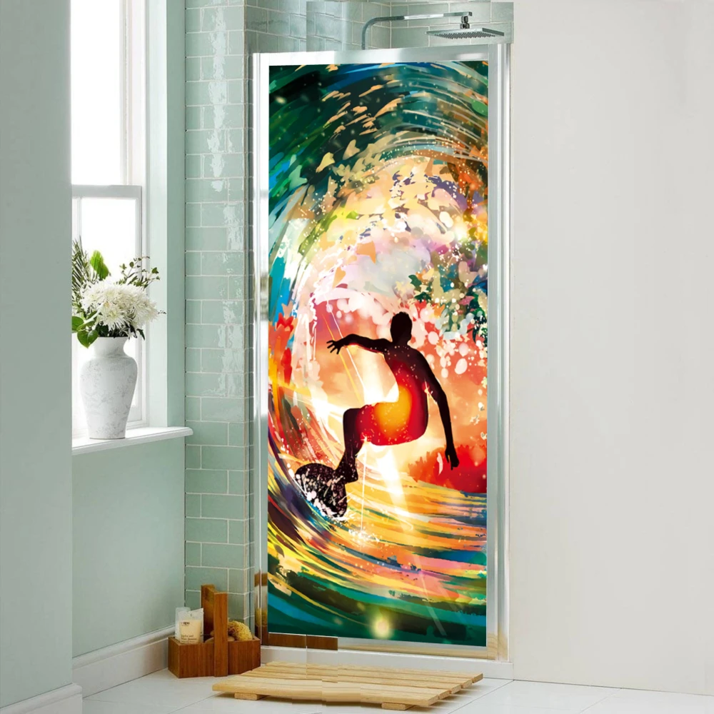 Self-adhesive Door Stickers Surfer Riding Colorful Ocean Wave Vinyl Fridge Cover Decal Peel and Stick Wallpaper for Home Decor