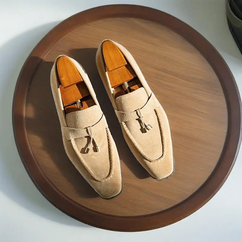 

British Retro Square Toe Loafers Men Dress Shoes Tassels Cowhide Casual Office Business Wedding Oxfords Male Genuine Leather