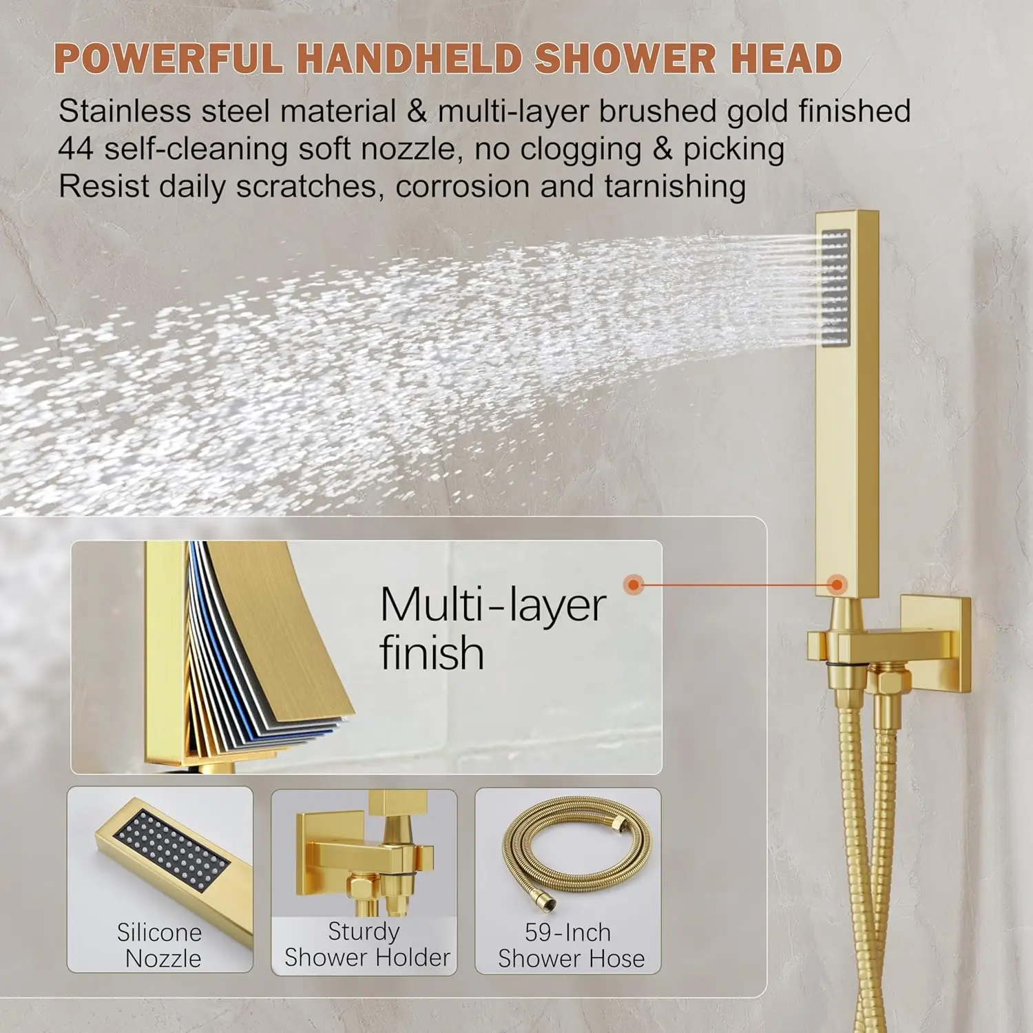 Gold Shower System with 10-Inch Rain Showerhead and Handheld Spray, High-Pressure Wall Mounted Set in Brushed Gold Finish