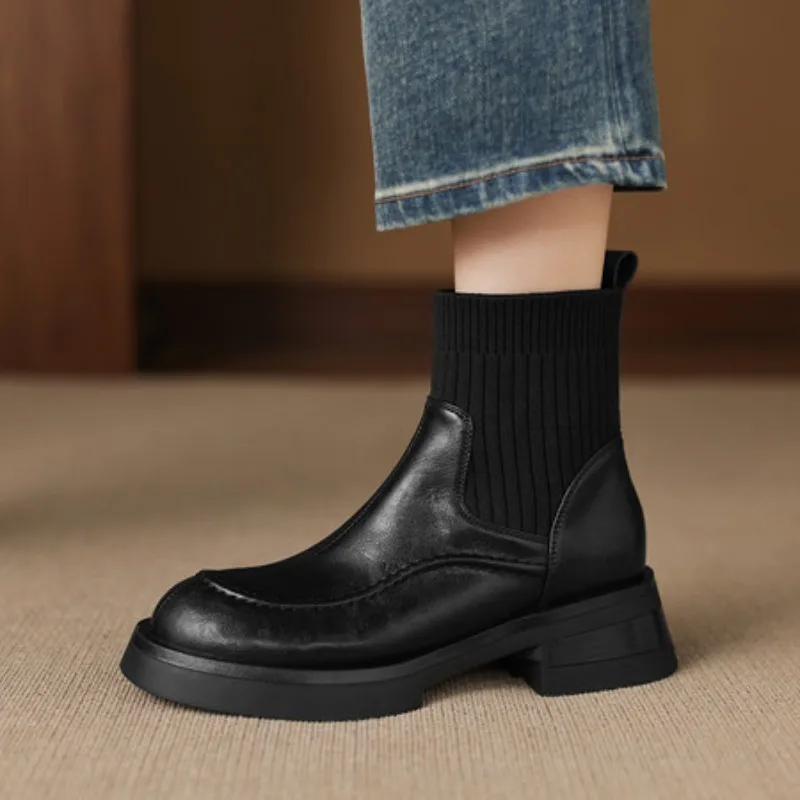 Women's round Toe Knitted Sock Boots Elastic Thick Heel Spring Autumn Short Boots Rubber Sole Comfortable Breathable Footwear