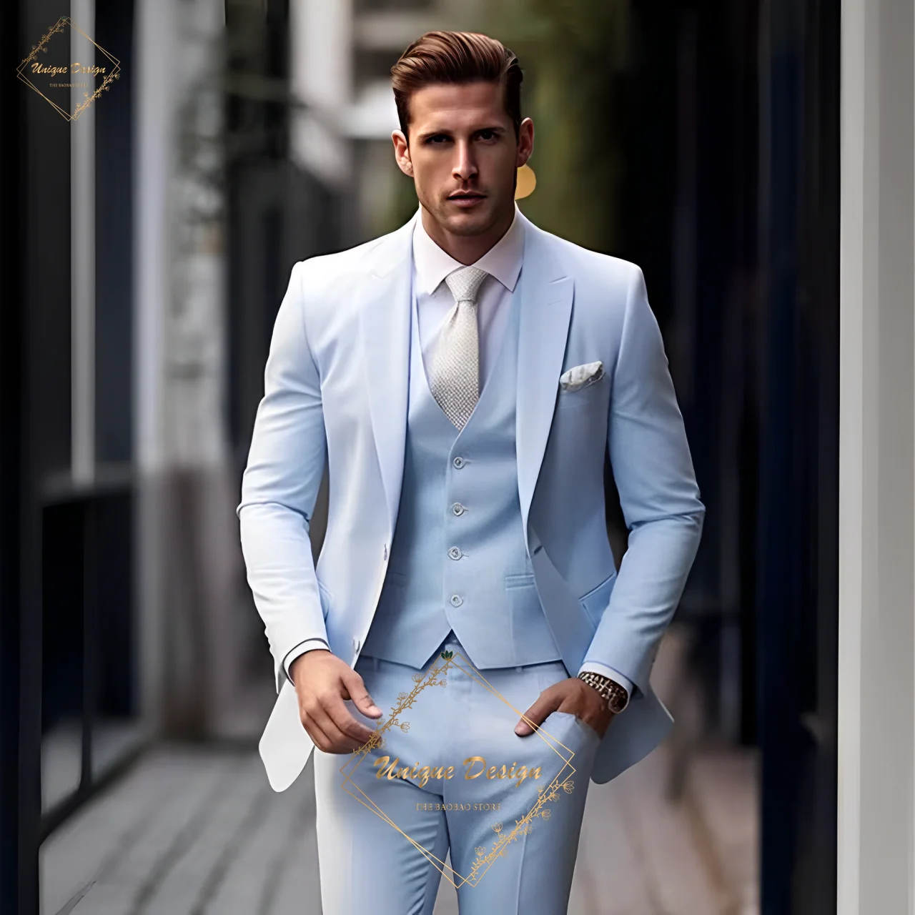 

Mens' Premium Suit in Sky Blue 3 Piece Set for Wedding Groomen Formal Occasion Dinner Dating Birthday Party Custom Homme Tuxedo