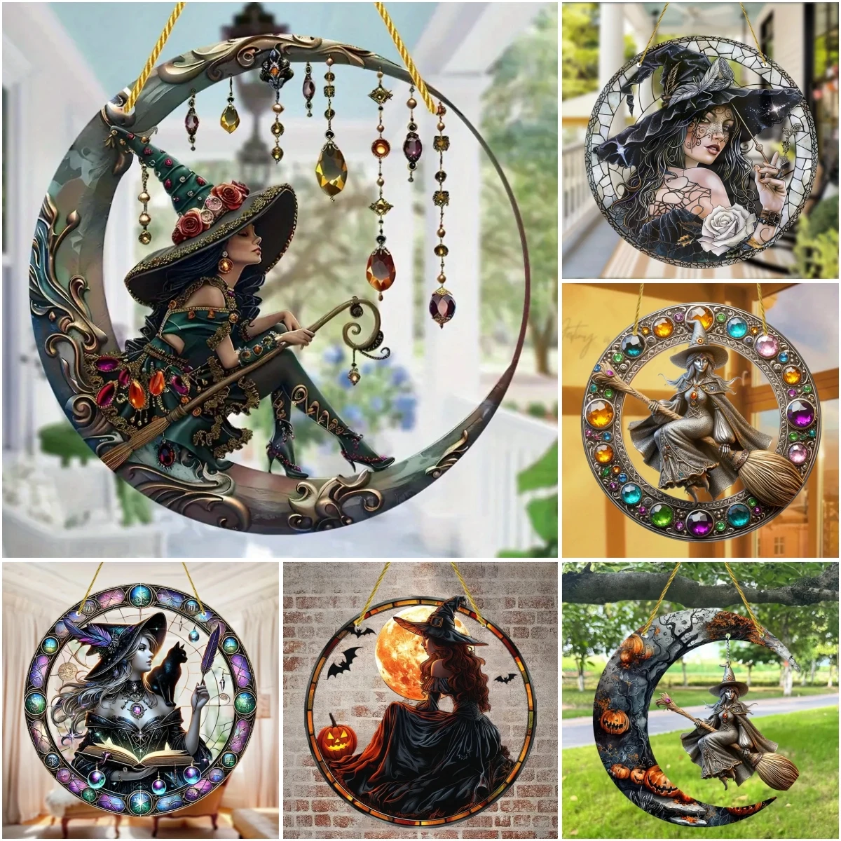 Magic Moonlit Witch & Broom Suncatcher,Christmas 2D Acrylic Round Translucent Hanging Sign,Halloween,Home,yard,Cafe,bar Decor