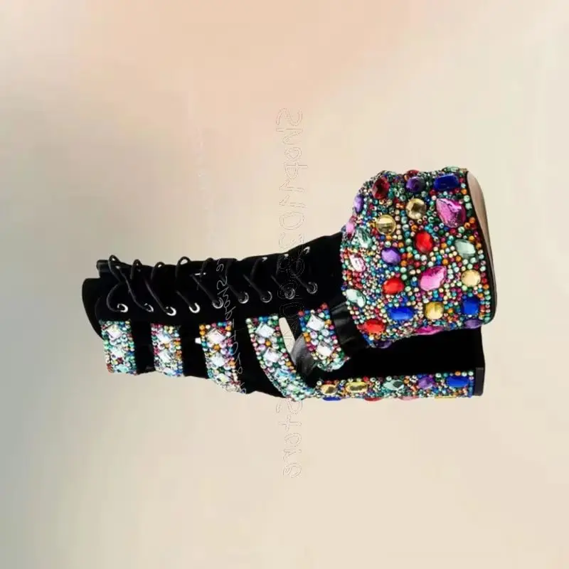 

Colorful Crystal Decor Strappy Platform Sandals Boots Back Zipper Women Shoes Chunky High Heels Banquet 2026 Zapatos Para Mujere