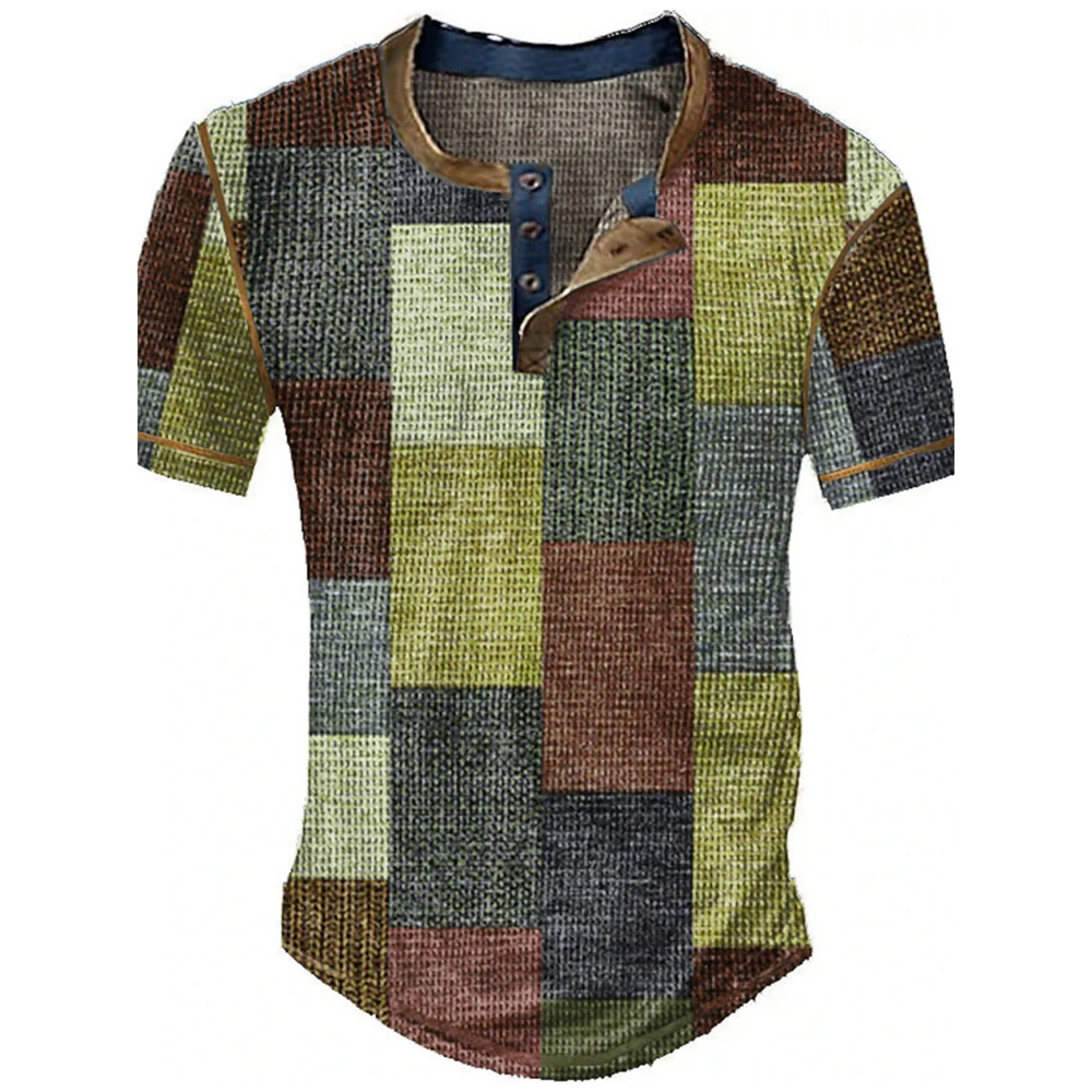 Farbblock-Patchwork Grafik 3D-Druck Henley-Shirts Herren Vintage Mode Übergroße Kurzarm T-Shirts Männer Oberteile Kleidung – Detail 14
