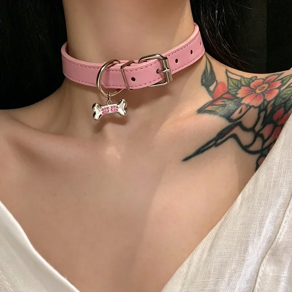Y2K Sweet Cool PU Leather Collar Chain Punk Dog Claw Bone Charms Choker Necklace for Women Party Jewelry Gifts
