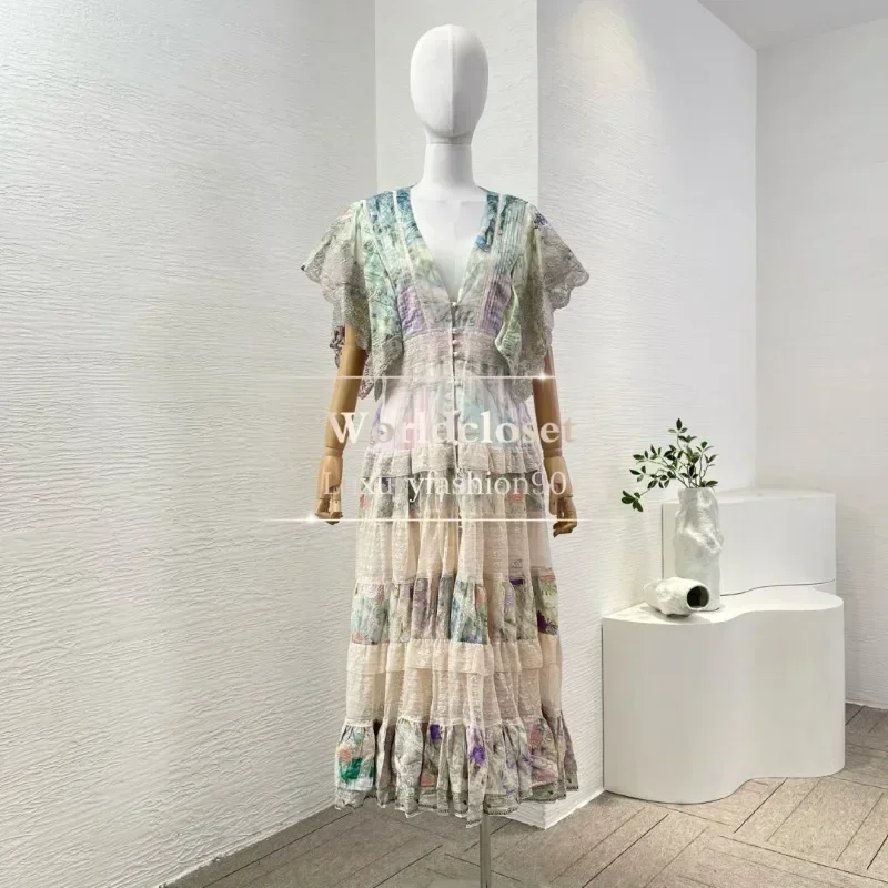 

Multi Color Floral Print Short Sleeve Lace Patchwork Cascading V Neck Midi Dresses for Party Top Qaulity 2025
