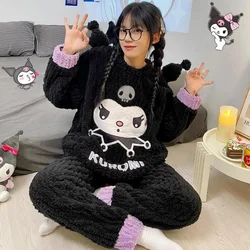 Anime Women Kuromi Pajama Set Sanrioed Kawaii Plush Home Clothes Cartoon Winter Thickened Long Sleeves Pants Girl Cute Keep Warm