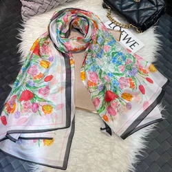 White 100% Silk Long Scarf Shawl 2022 Summer Tulip Design Women Beach Shawls Cover-ups Elegant Fall Winter Natural Silk Scarfs