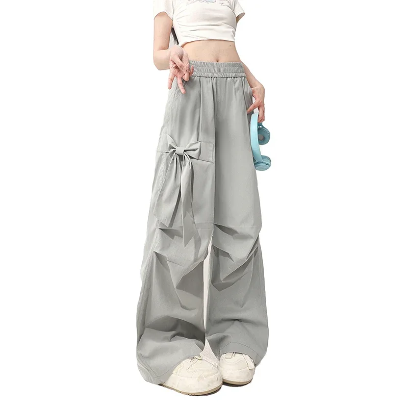 Light Grey Bow Baggy Cargo Pants Women Vintage Y2k Harajuku Aesthetic Parachute High Waist Trousers 2000s Trashy Pantalons