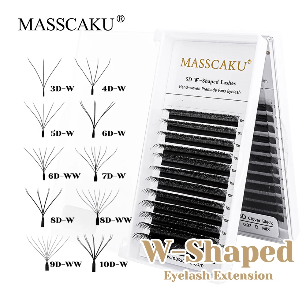 

Hot Sale MASSCAKU C D Curl 8-15mm and Mix Size Soft W Shaped Clover Lashes Long-lasting Ribbon W Style Eyelashes for Makeup Use