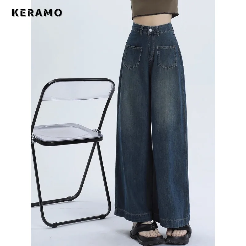 

American Retro Casual High Waist Oversized Jeans Baggy Pants For Women Y2K Wide Leg Grunge Streetwear Blue Denim Trouser