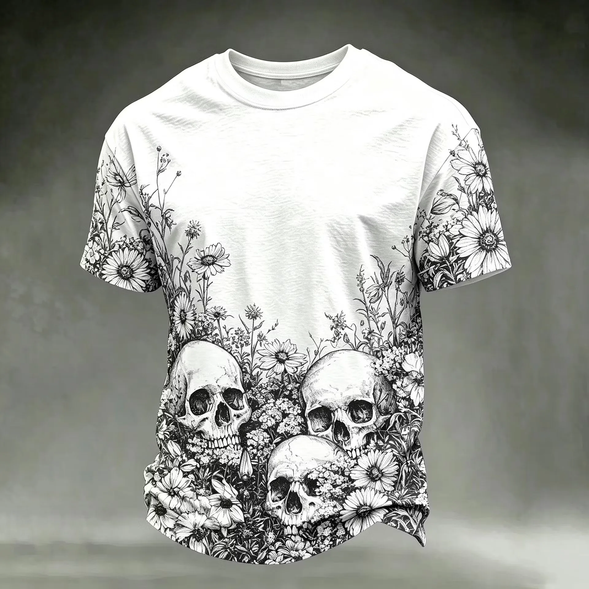Men Halloween Gothic T‑Shirt Floral Sketch Golden Distressed Multi‑Skull Art Print O‑Neck Short Sleeve Streetwear Casual Tops