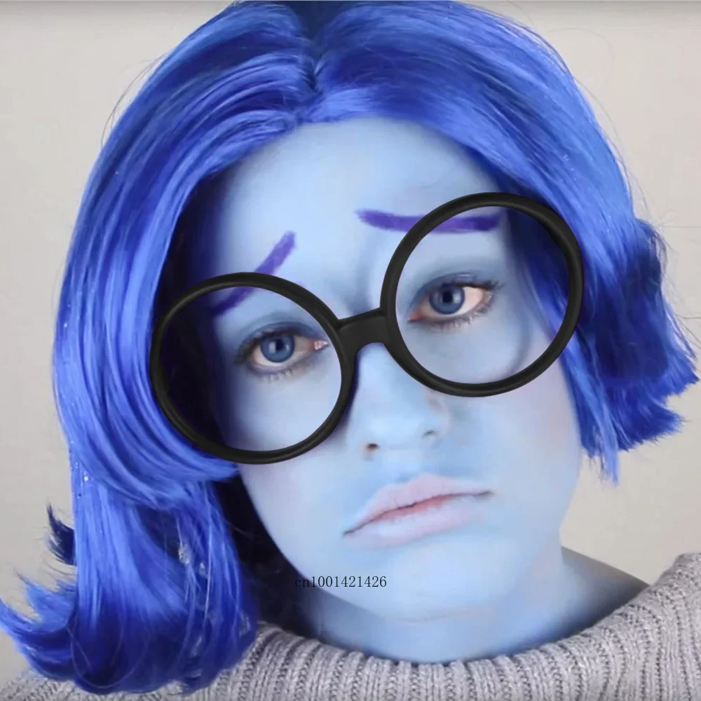 Synthetic Hair Short Sadness Wig Cosplay Straight Blue Wig for Kid with Glasses Inside Out Costume Halloween Fake Wigs for Women