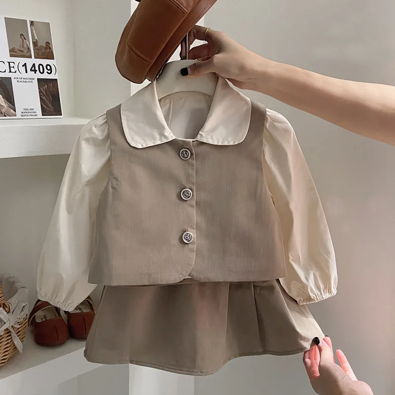 2024Spring New Girls' Suit Long Sleeve Children Fashion Single-Breasted Shirt Vest Three-Piece Trendy