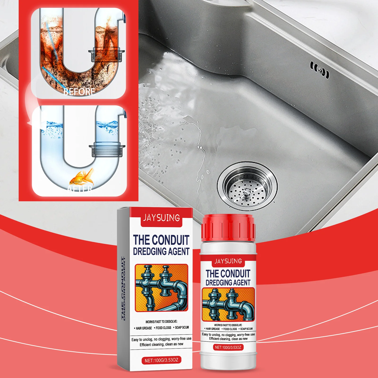 Pipe Cleaning Agent Hair Eliminator Clog Remover Household Cleaner 100g Odorless Formula Safe For Pipes Shower Sink Toilet Tub