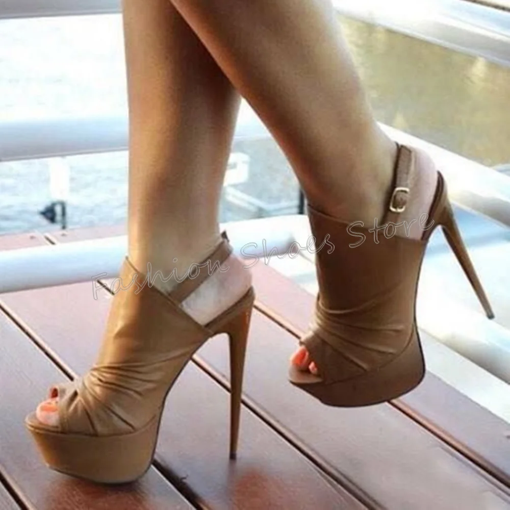 

Brown Peep Toe Platform Pleated Sandals Matte Leather Thin High Heels High Heel Shoes for Women Heels 2025 New Zapatos Para Muje