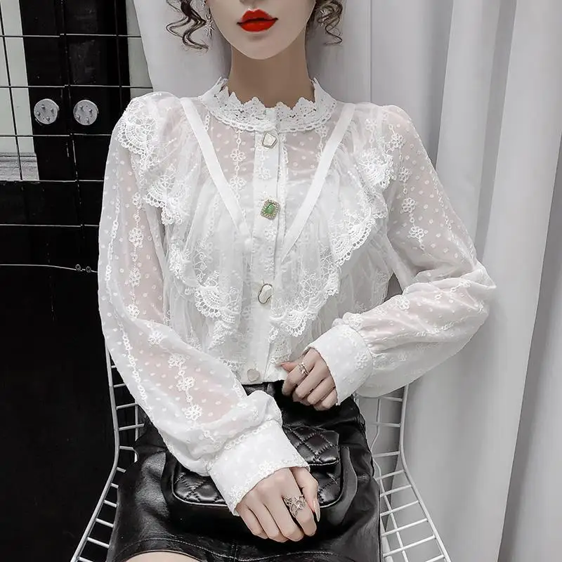 Stand Collar Lace Bottoming Shirt Feminine Fashionable and Versatile Chiffon Top