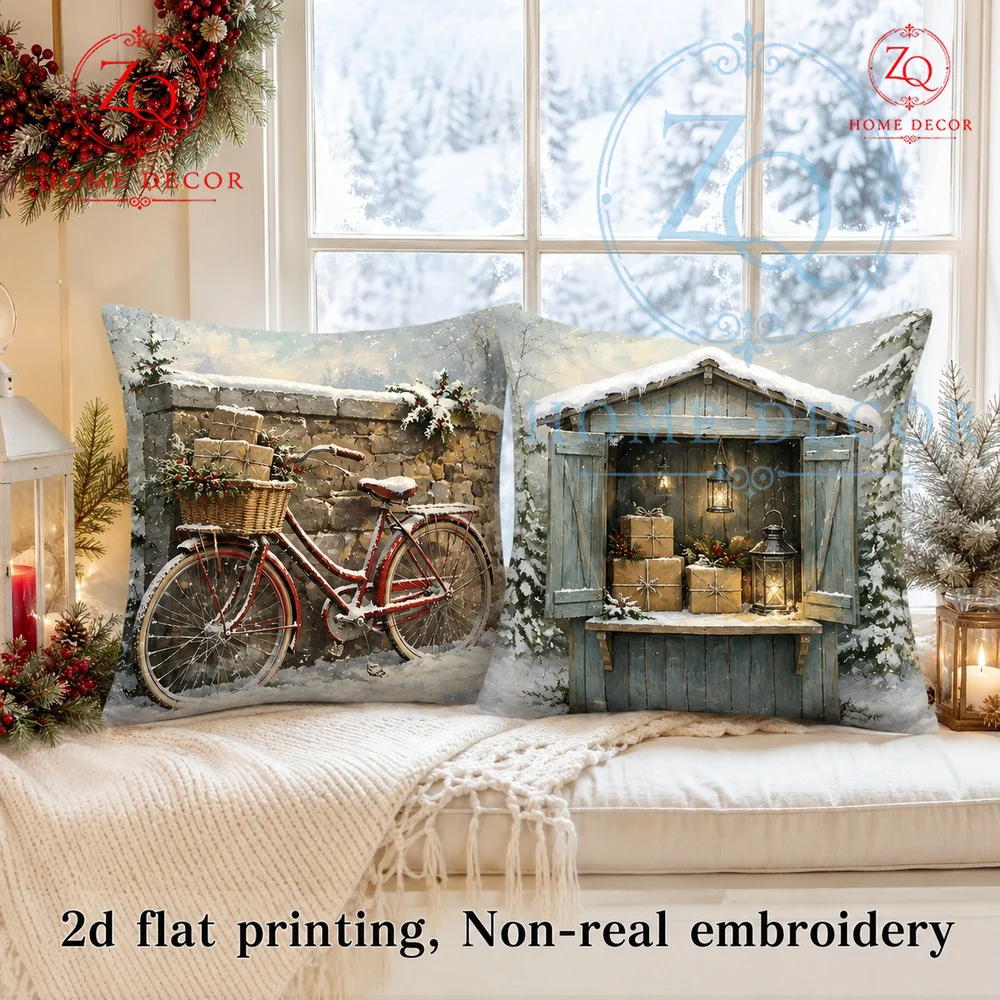 Vintage Winter Cottage Christmas Throw Pillow Cover Rustic Red Bicycle Snowy Scene Farmhouse Decorative Cushion Case   Couch
