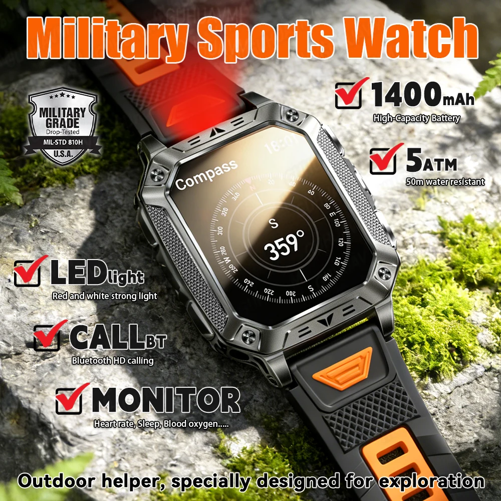 

Men Smart Watch 2.01-inch Strong Flashlight BT Call Outdoor Sports Compass Heart Rate 1400mAh Large Battery 5ATM Swim Smartwatch