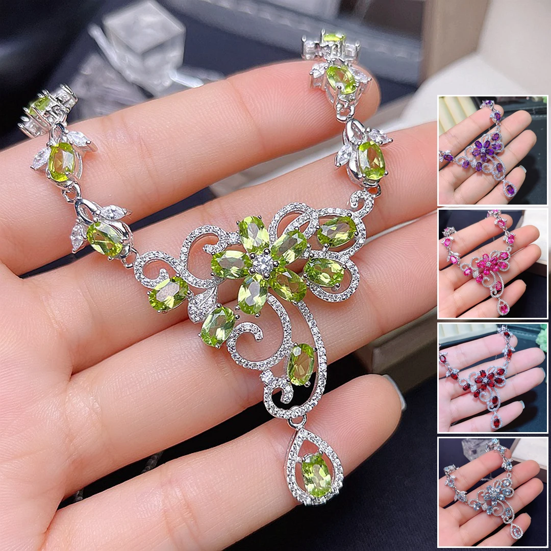 

MeiBaPJ Luxurious Peridot/Amethyst/Topaz/Garnet Necklace with Certificate 925 Pure Silver Fine Wedding Jewelry for Women