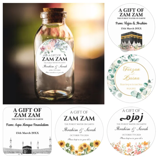 Niestandardowe Zamzam naklejka wodna islamski Nikah Wedding Favor muzułmański Hajj Umrah Party etykieta do pakowania prezentów wieczór panieński klej DIY