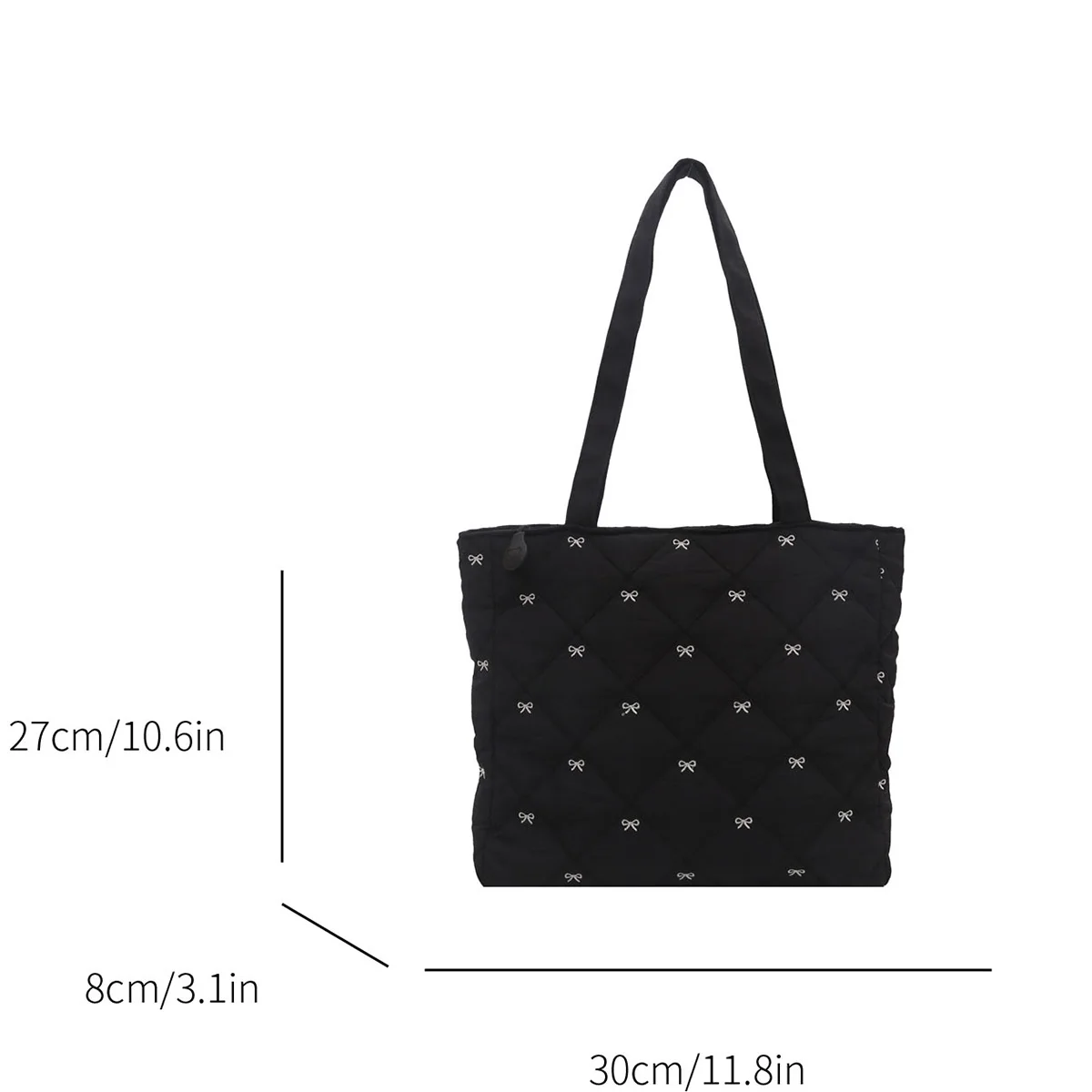 Bow Embroidery Minimalist Argyle Quilted Tote Bag Solid Color Large Capacity Zipper Soft Shoulder Bag Daily Commute Shopping