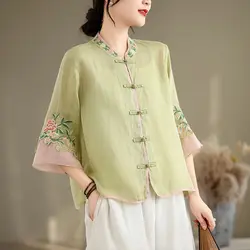 Women Chinese Style Flower Embroidery Vintage Button Shirt Stand Collar Loose Cotton Linen Blouse Summer 3/4 Sleeve Elegant Tops
