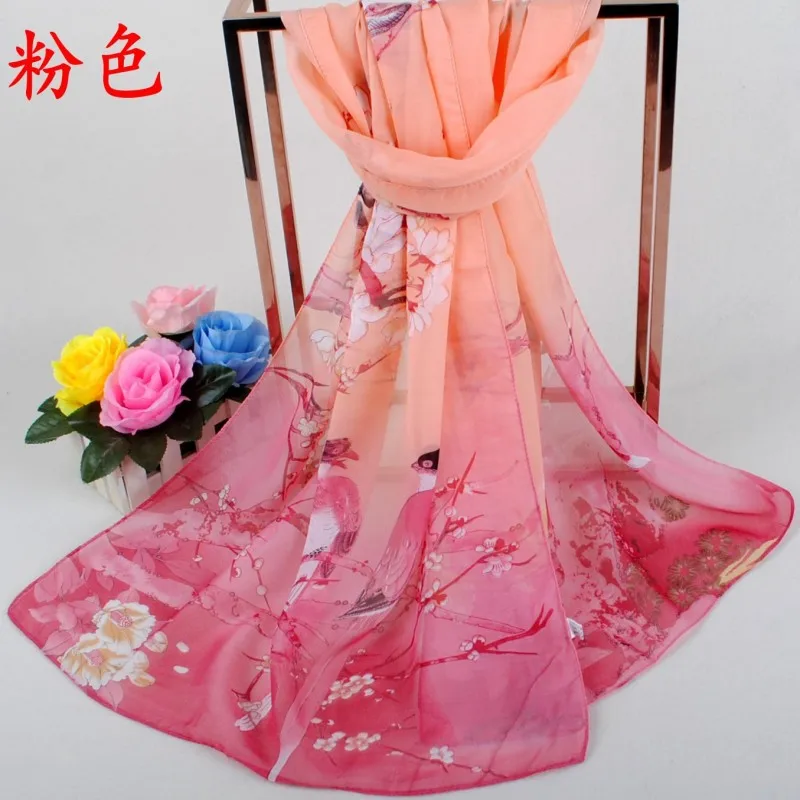 New Lucky Bird Peony Flower Elegant Chiffon Long Scarf for Women