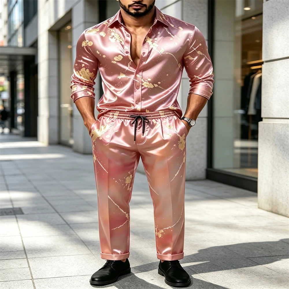 Men's brand new luxury set satin long sleeved men's shirt, gold print, casual drawstring pants, suitable for weddings and daily