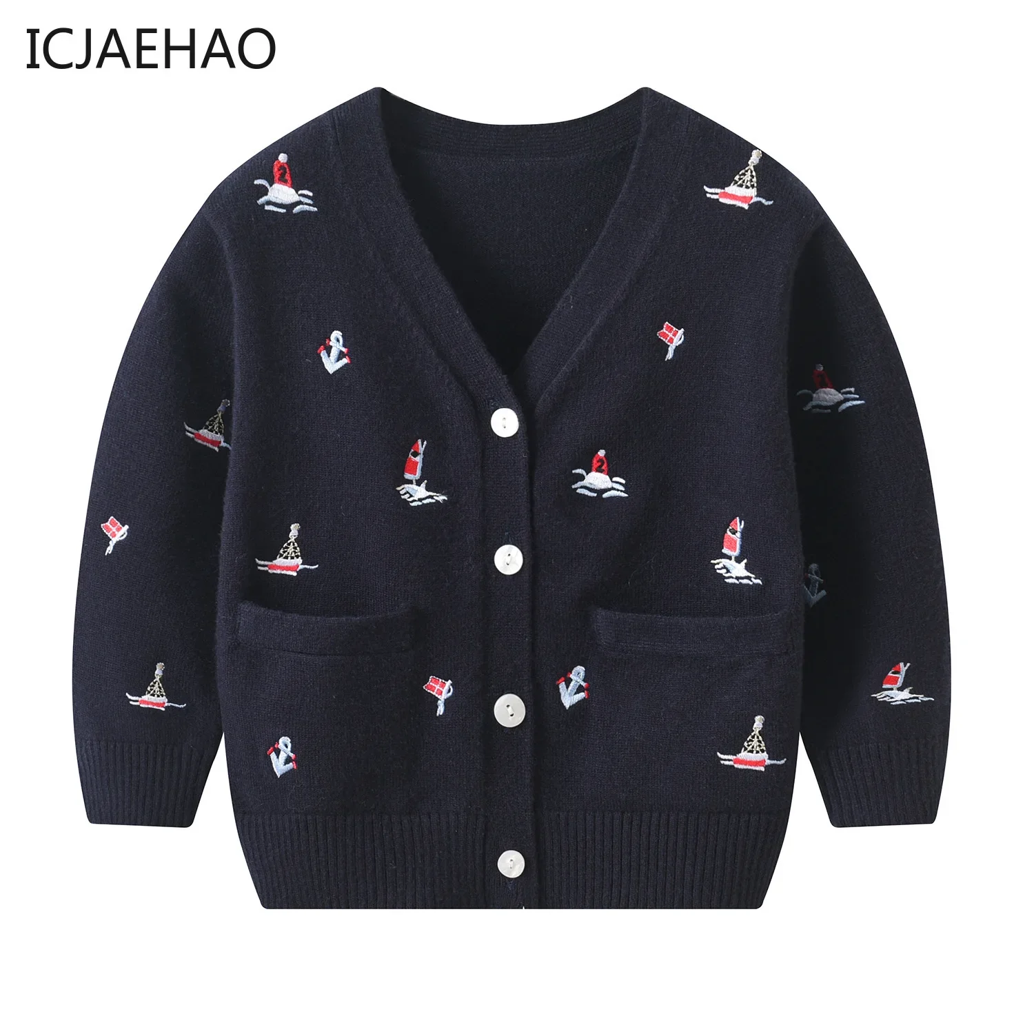 2025 Sweater Clothes For Kids Boy Knit Cardigan Children Coats Sailboat Embroidery V-Neck Knitted Sweaters Infants Baby Knitwear