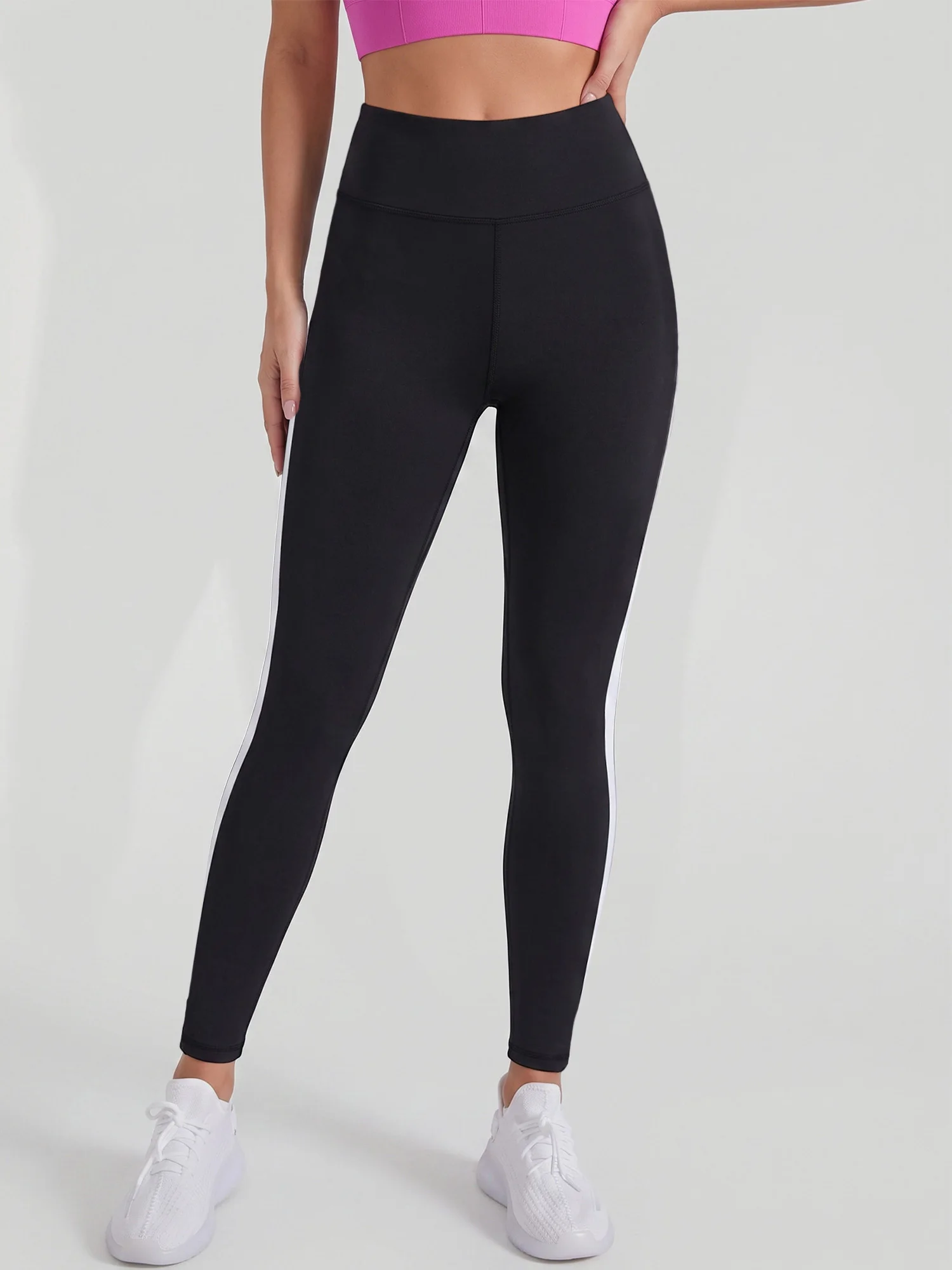 Sport‑Daily Women Yoga Leggings Black‑White Curved Side‑stripe High‑waisted Tummy Control Hip‑Lifting Running Pants