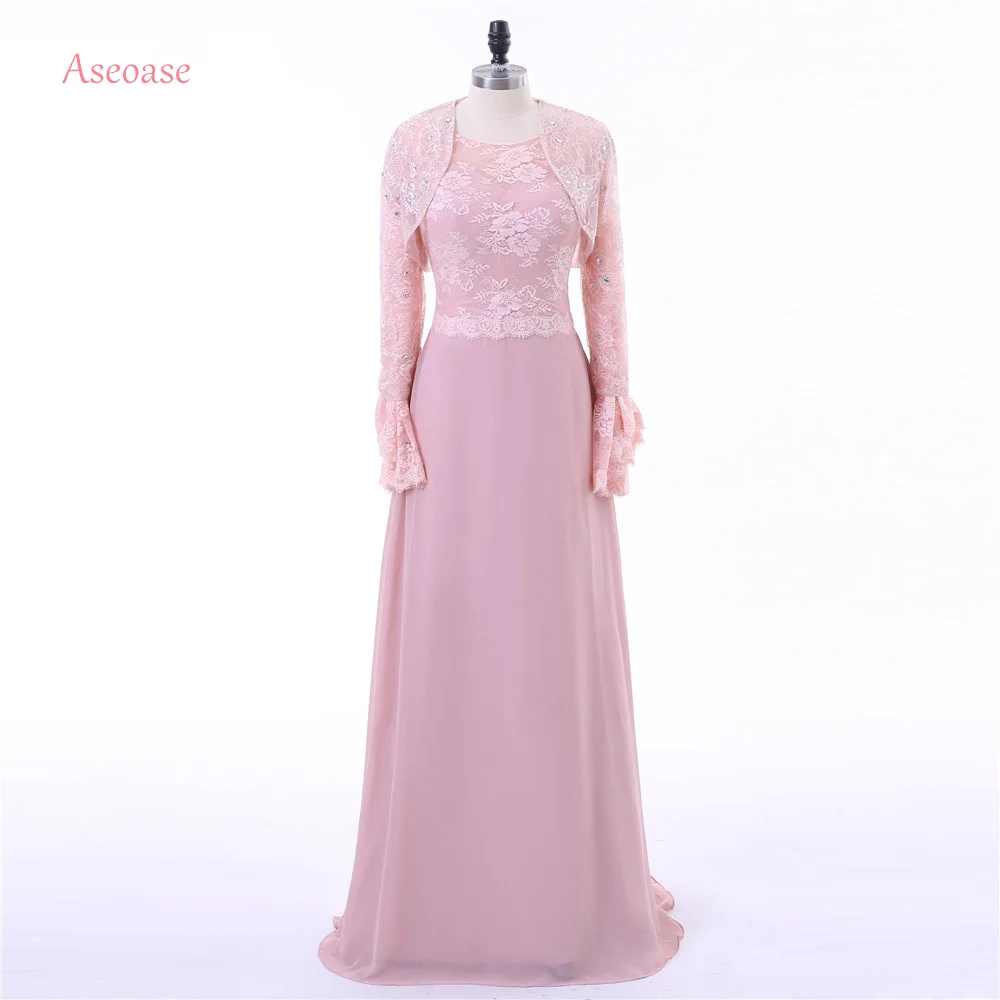 Rosa mãe dos vestidos de noiva a linha chiffon renda frisada com jaqueta plus size longo noivo vestidos de mãe para o casamento